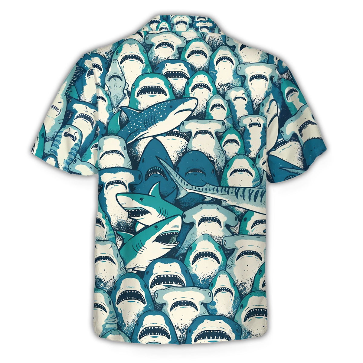 Matching family Hawaiian shirts with an all-over shark pattern in teal and blue, back view