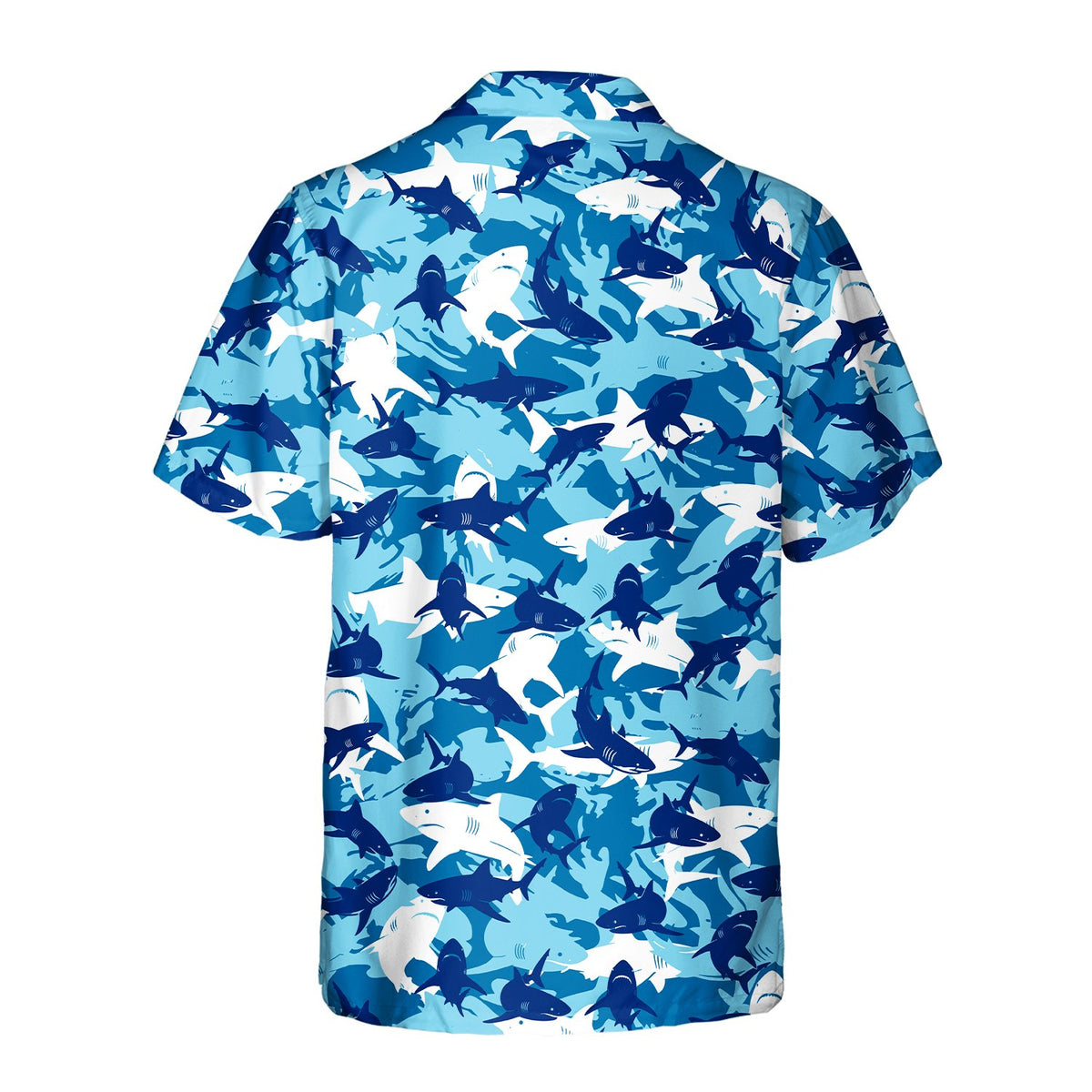 Back view of the blue marine camo matching family Hawaiian shirt