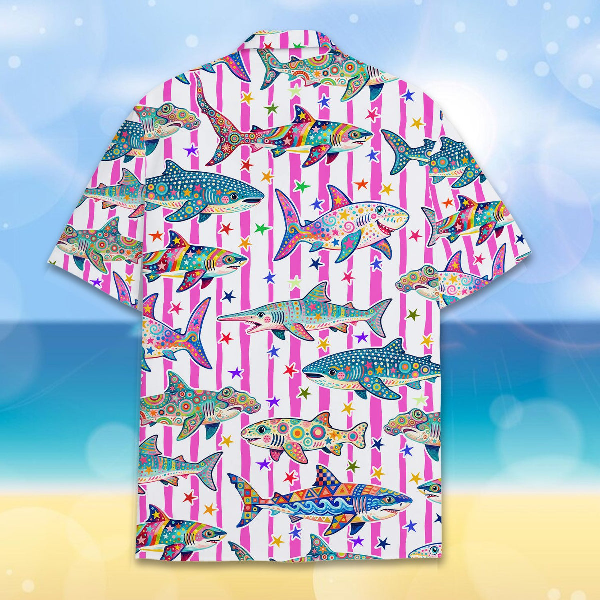 Back view of the abstract hawaiian shirt featuring vibrant shark designs