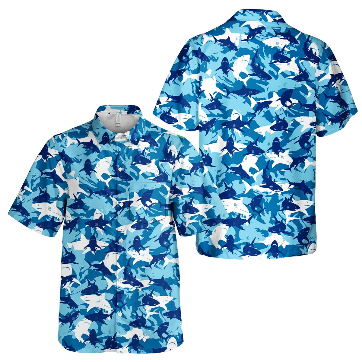 Front view of the matching family Hawaiian shirt in navy and light blue
