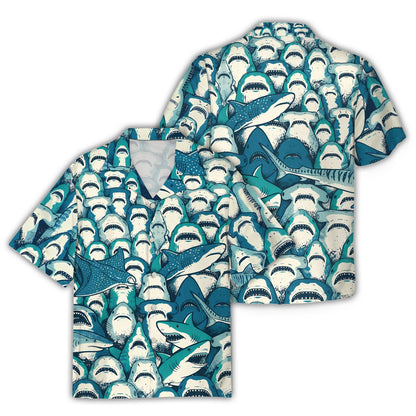 Matching family Hawaiian shirts with an all-over shark pattern in teal and blue, main view