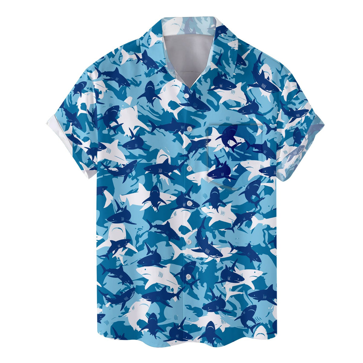 Close-up front view of the ocean predator camo Hawaiian shirt