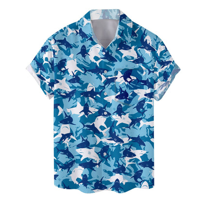 Close-up front view of the ocean predator camo Hawaiian shirt