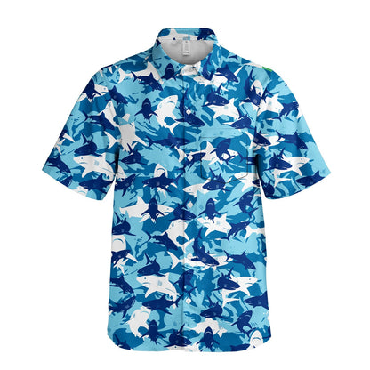 Front view of the blue shark camo family matching Hawaiian shirt