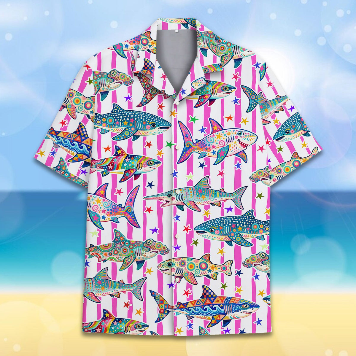 Front view of the abstract hawaiian shirt with colorful shark print