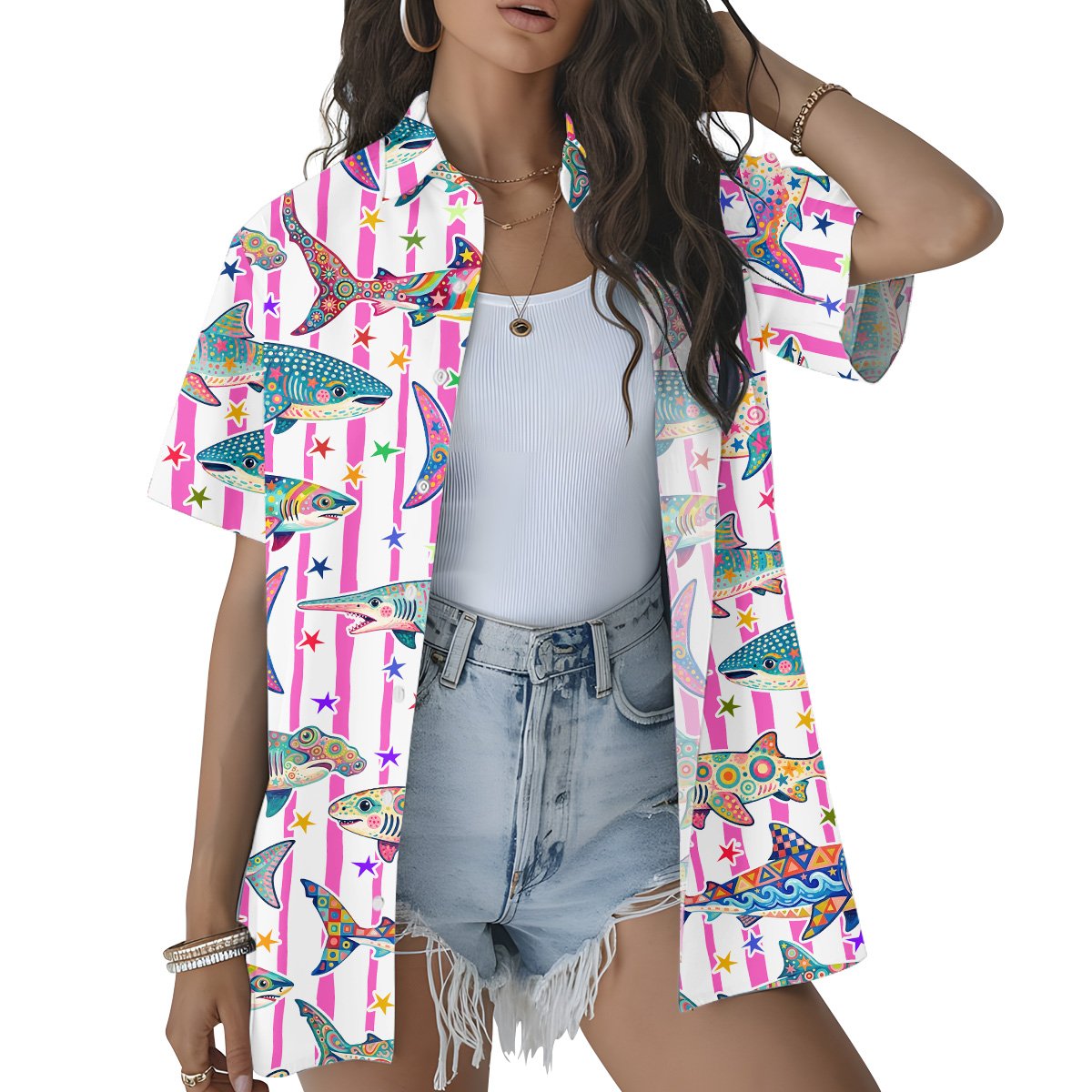Third lifestyle view highlighting the abstract shark design