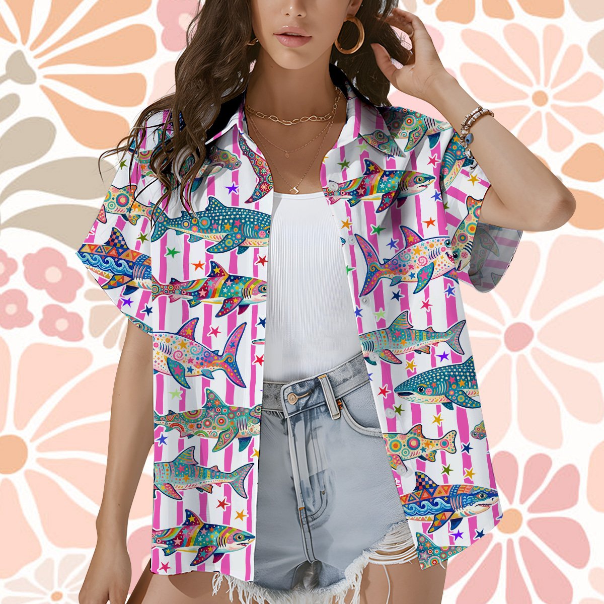 Fourth lifestyle view of the matching family hawaiian shirts