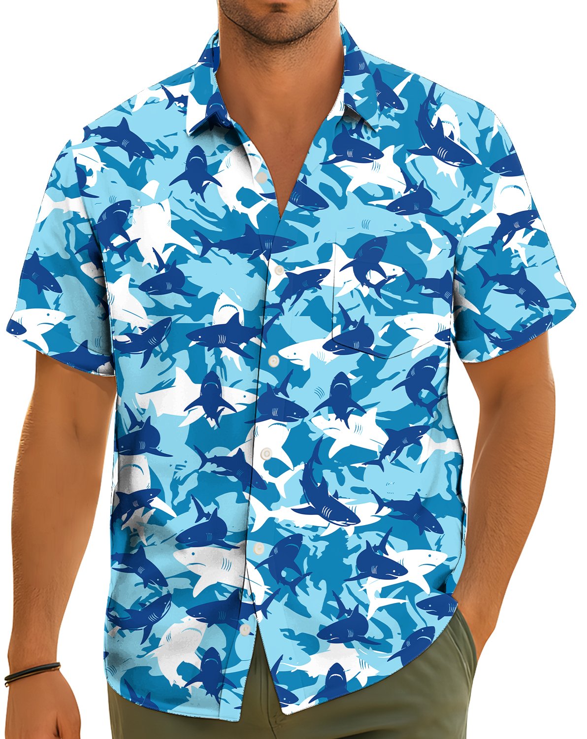 Lifestyle view of someone wearing the blue ocean camo matching family Hawaiian shirt