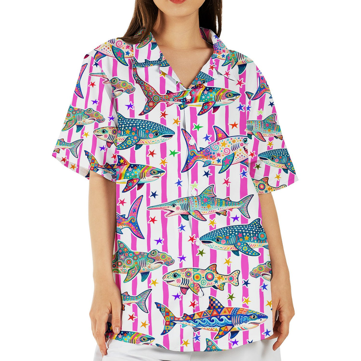 Lifestyle view of someone wearing the matching family hawaiian shirt