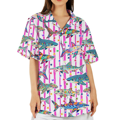 Lifestyle view of someone wearing the matching family hawaiian shirt
