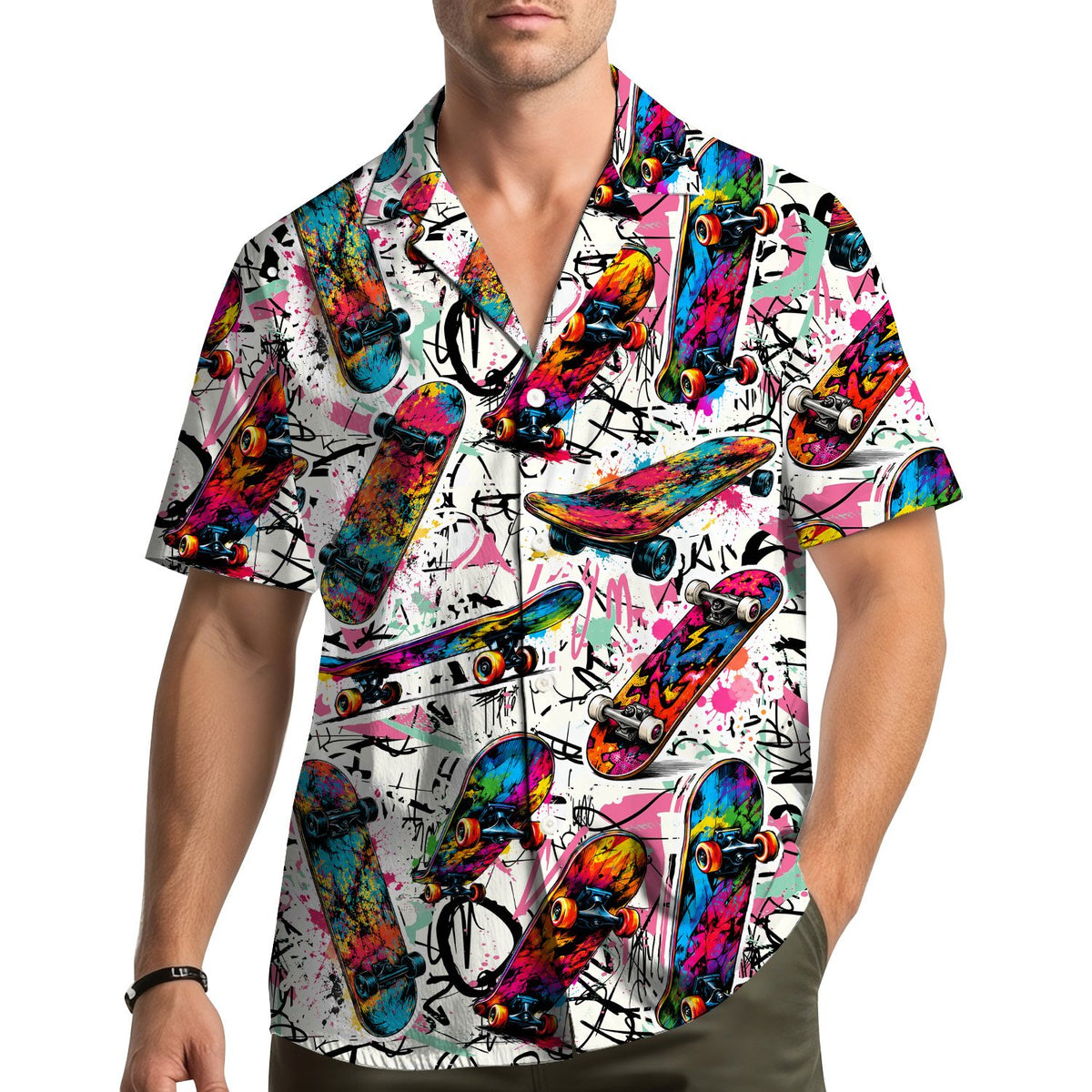 Back view of the white skateboarding hawaiian shirt