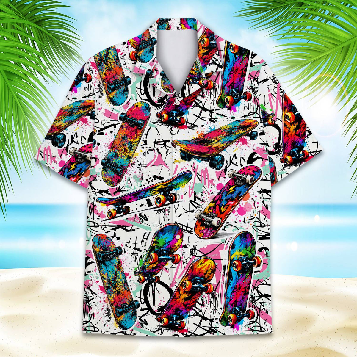 White background hawaiian shirt with pink and black graffiti splatters, main view