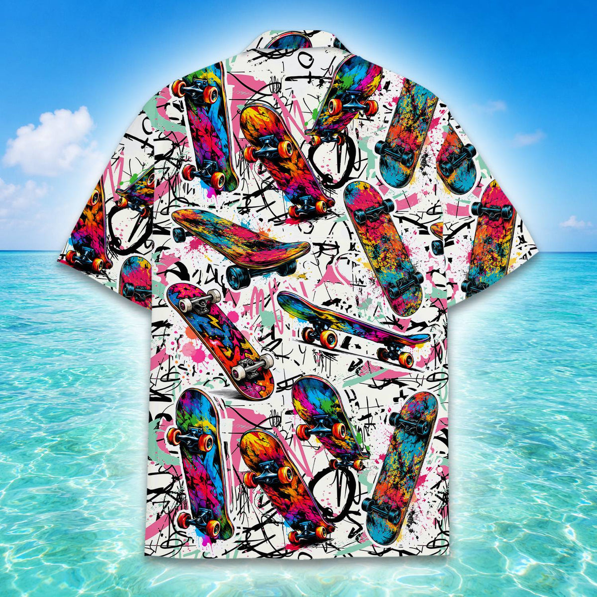 Second lifestyle view featuring the white skateboarding hawaiian shirt in action