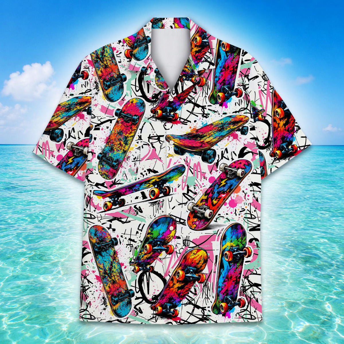 Lifestyle view of a family wearing matching skateboarding hawaiian shirts outdoors