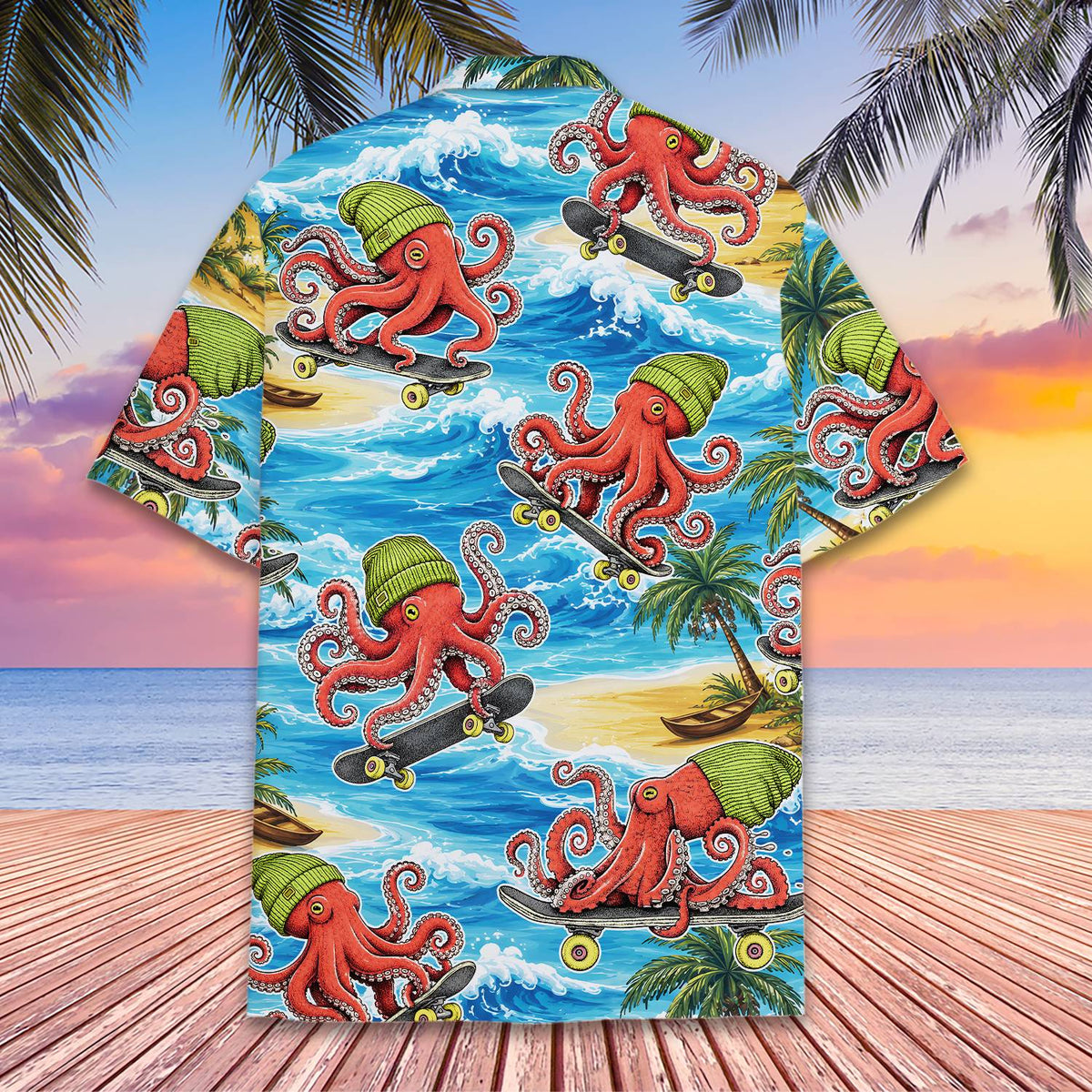 Detailed back view of the vibrant beach scene hawaiian shirt