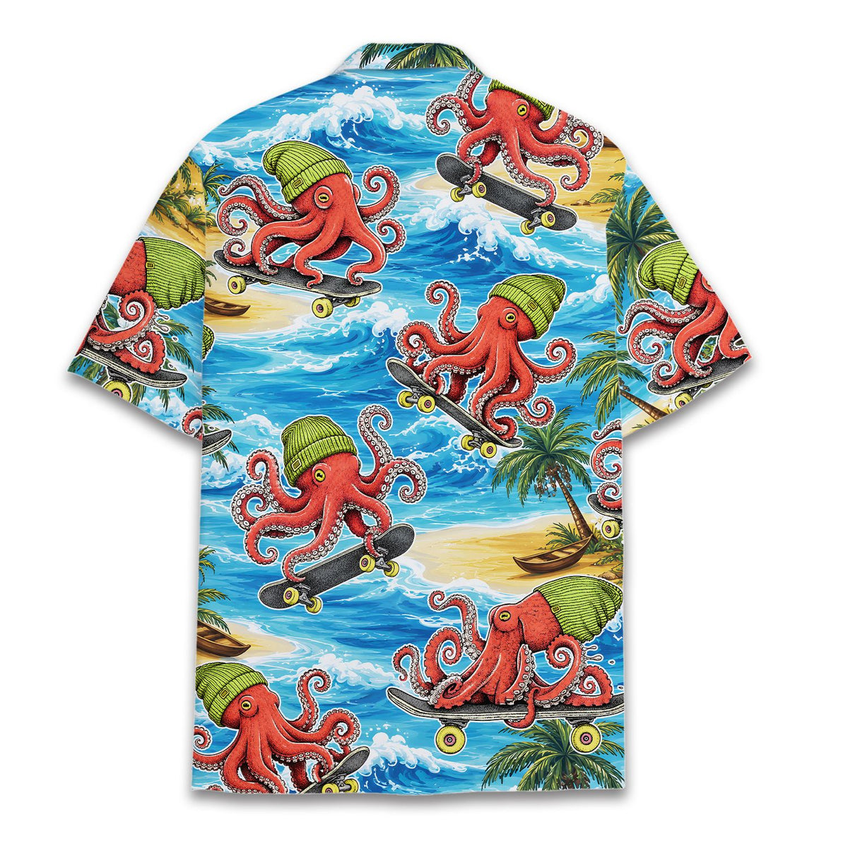 Back view of the skateboarding octopus hawaiian shirt