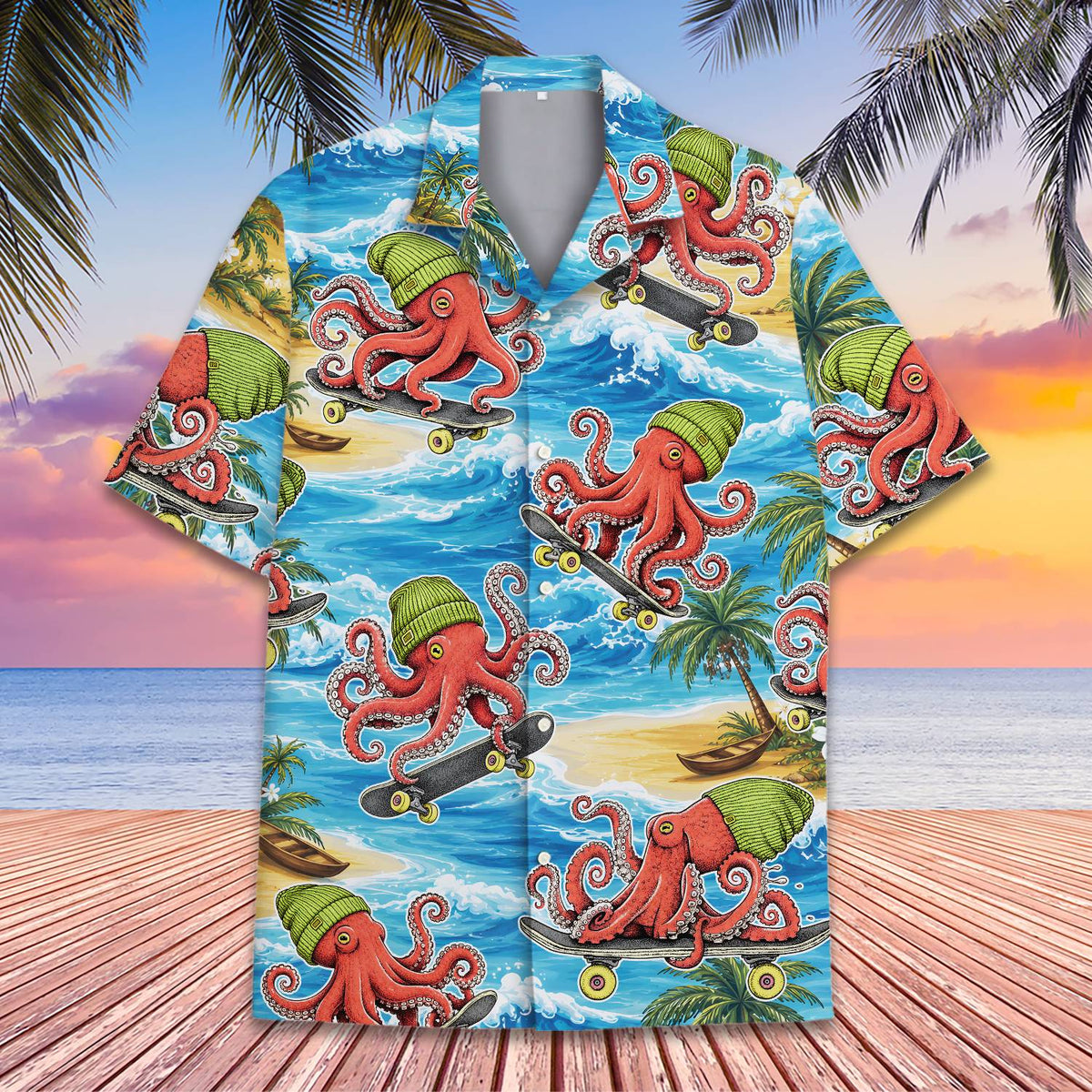 Close up front view of the tropical beach and octopus print