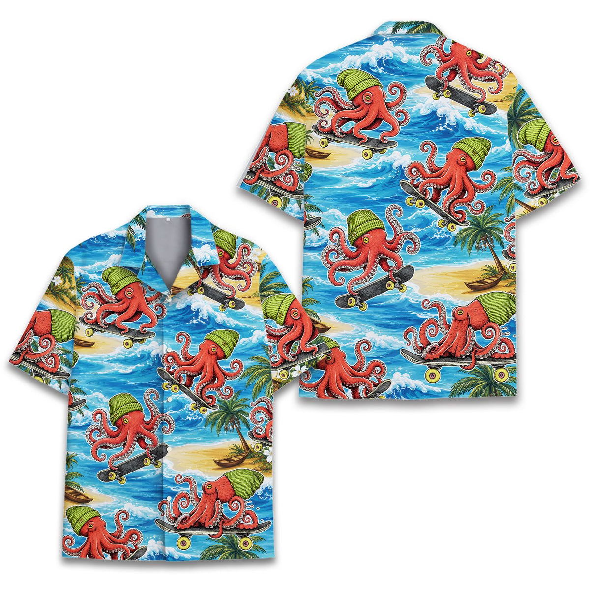 Front view of the blue skateboarding hawaiian shirt