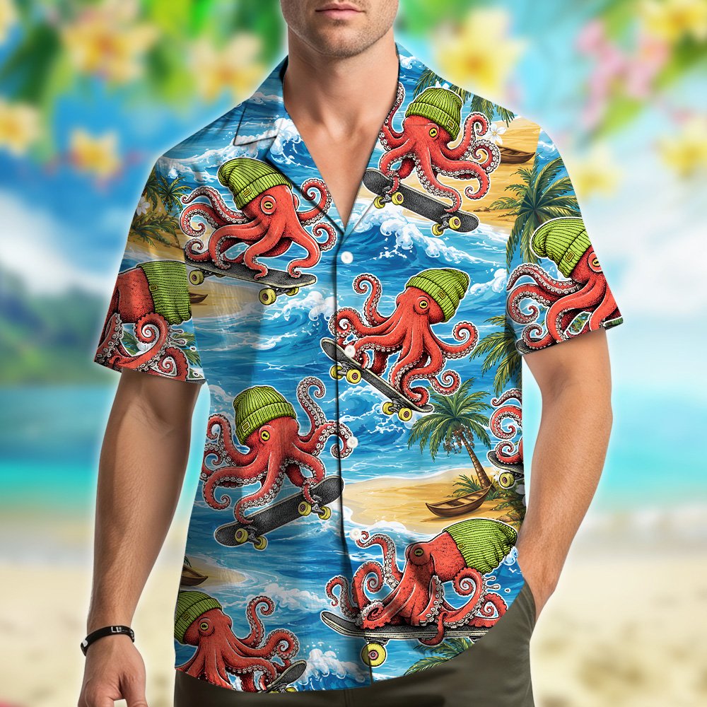 Third lifestyle view of the skateboarding octopus hawaiian shirt worn casually