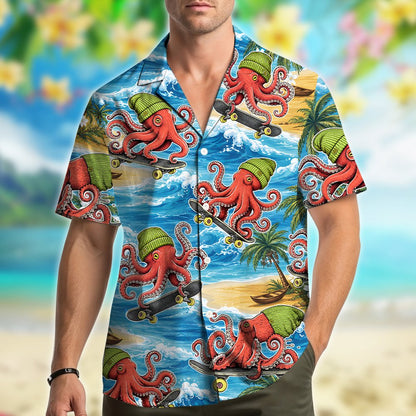 Third lifestyle view of the skateboarding octopus hawaiian shirt worn casually