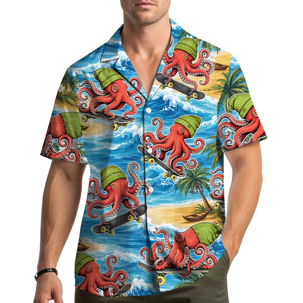 Lifestyle view of a person wearing the matching family hawaiian shirt