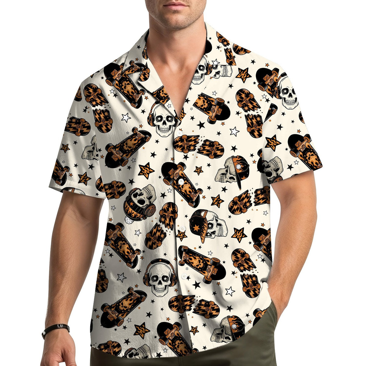 Back view of the skater skulls hawaiian shirt
