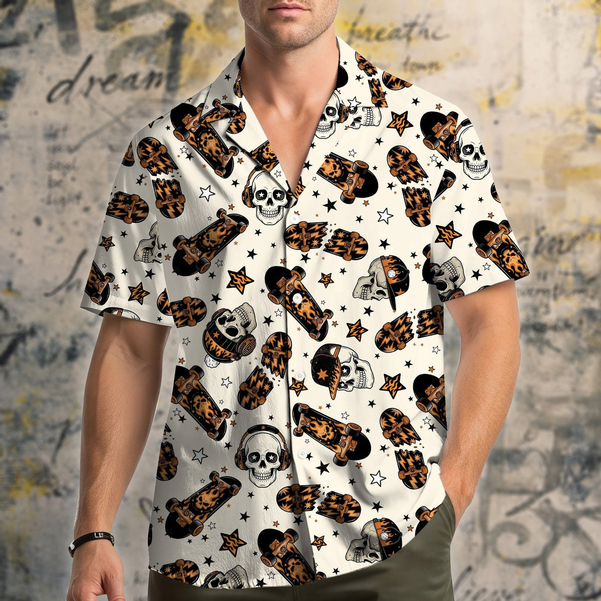 Skater skulls hawaiian shirt with broken skateboards and lightning bolts, main view