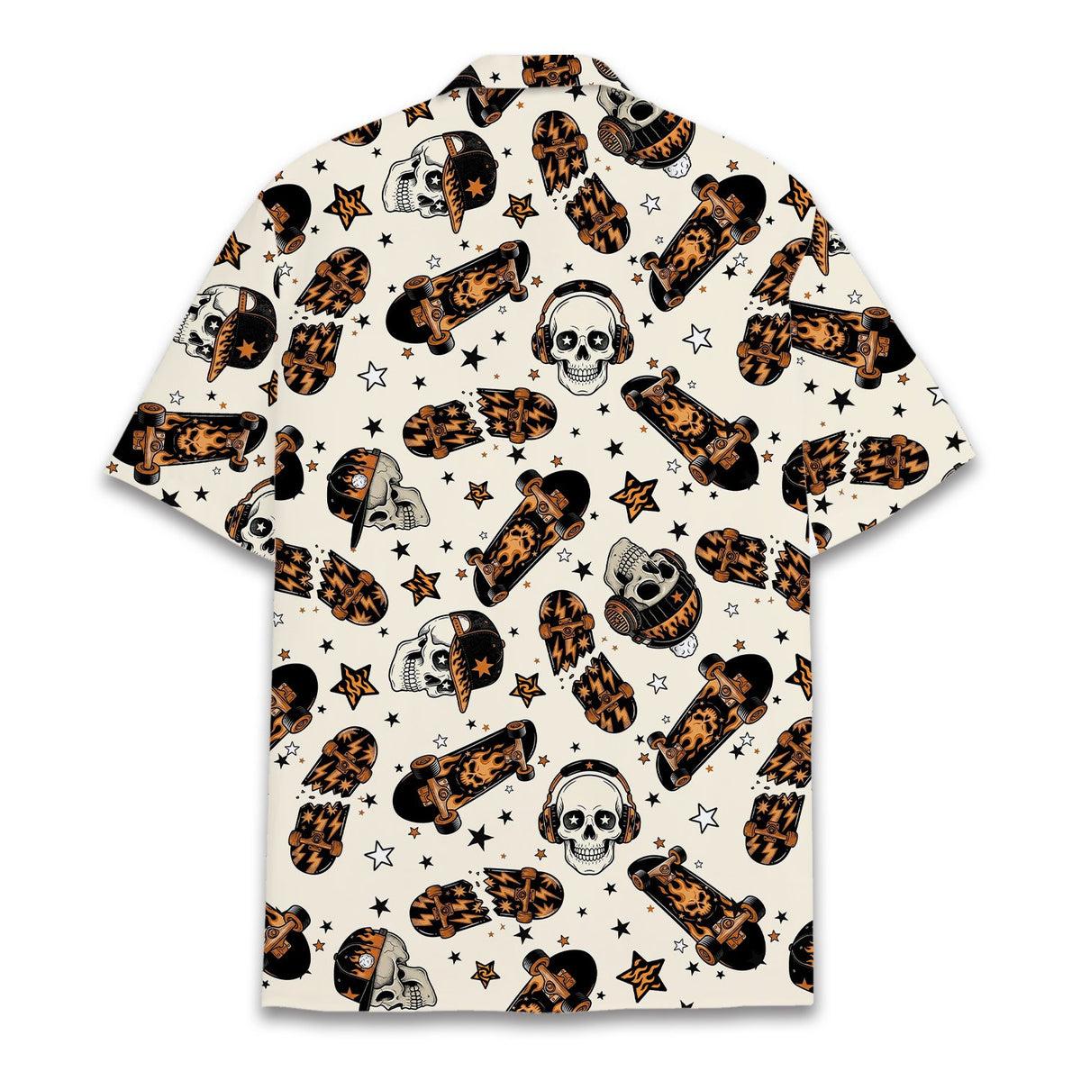 Lifestyle image of a person wearing the skater skulls hawaiian shirt outdoors
