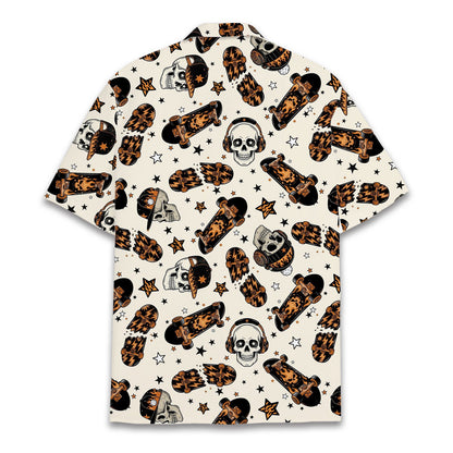 Lifestyle image of a person wearing the skater skulls hawaiian shirt outdoors