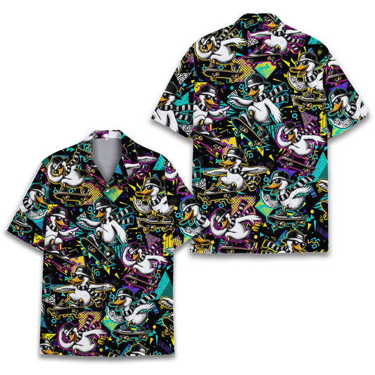 Matching family hawaiian shirts featuring a retro skating duck design