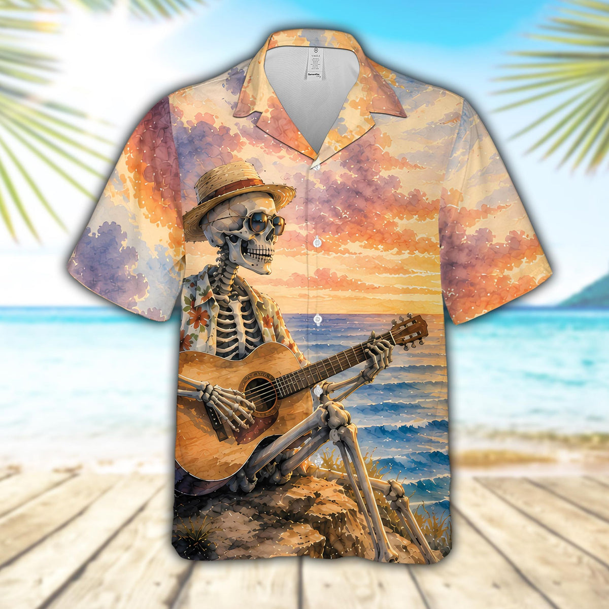 Front view of the matching family hawaiian shirt with an abstract skeleton playing guitar design