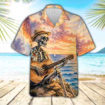 Front view of the matching family hawaiian shirt with an abstract skeleton playing guitar design