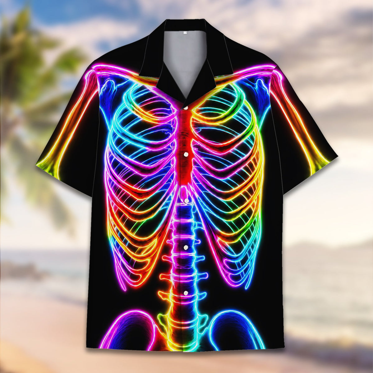 Back view of the black skeleton hawaiian shirt