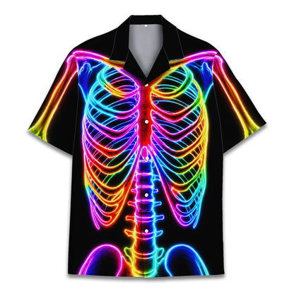 Front view of the neon skeletal hawaiian shirt