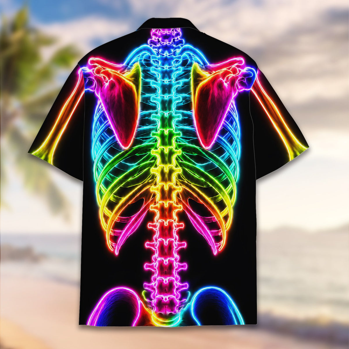 Front angle of the black skeleton hawaiian shirt
