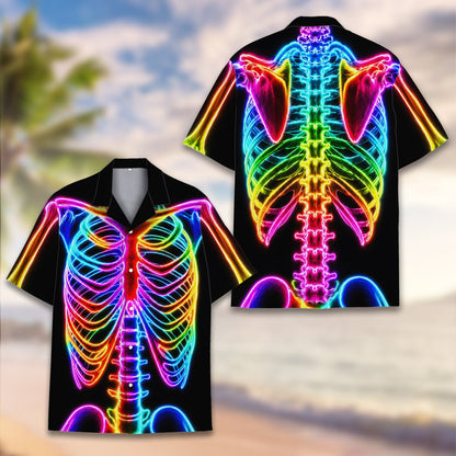 Detailed front view of the neon skeleton shirt