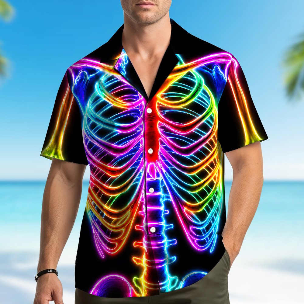 Black skeleton hawaiian shirt front main view