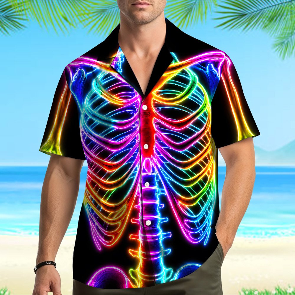 Lifestyle view of matching family hawaiian shirts featuring the skeleton design