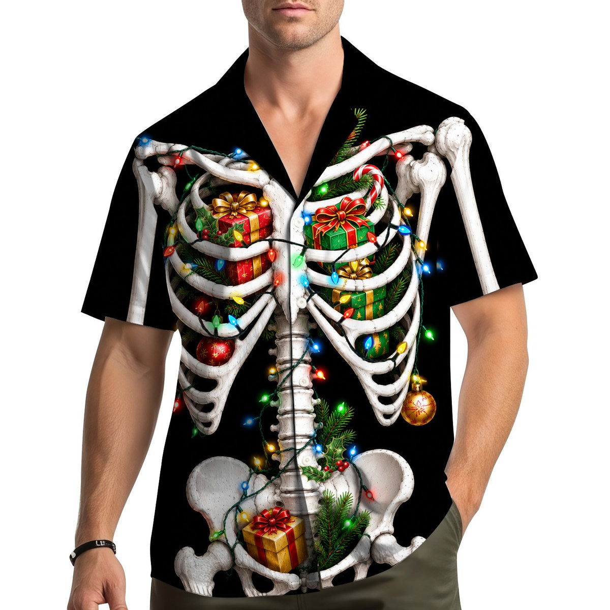 Back view of the skeleton in hawaiian shirt