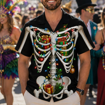 Front view of the black skeleton hawaiian shirt with Christmas presents