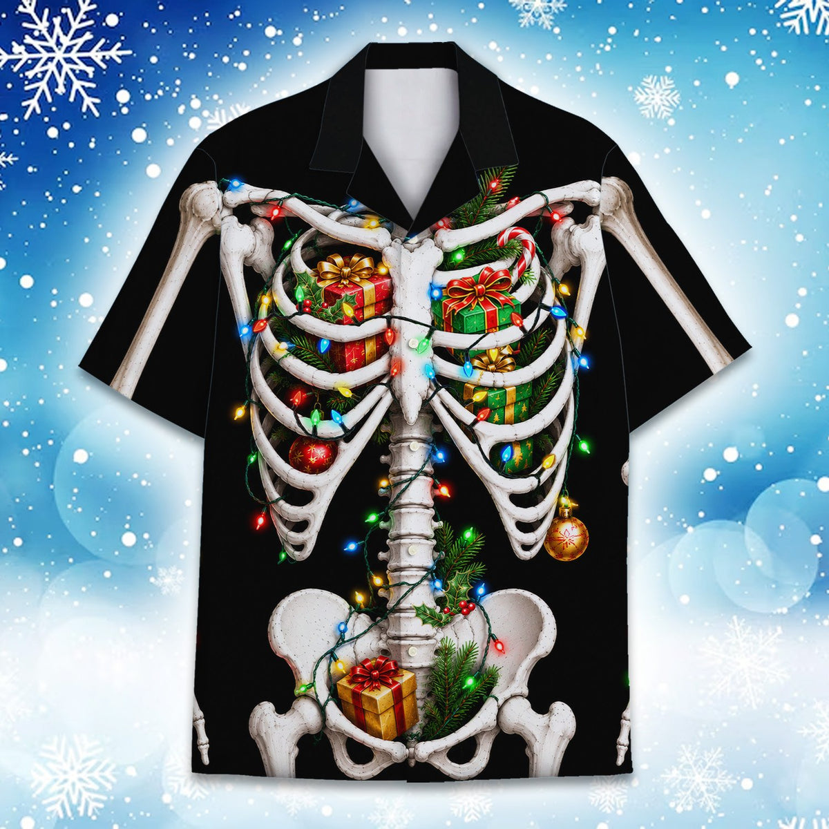 Close up of the collar on the black skeleton hawaiian shirt