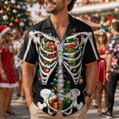 Close up detail of the skeleton and candy canes on the shirt