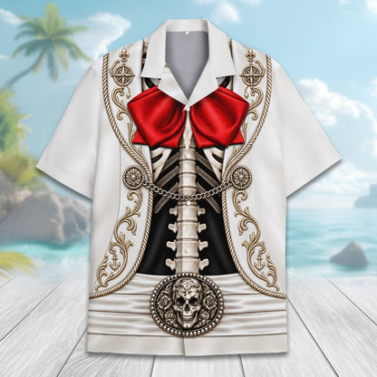 Front view of the adult white skeleton hawaiian shirt