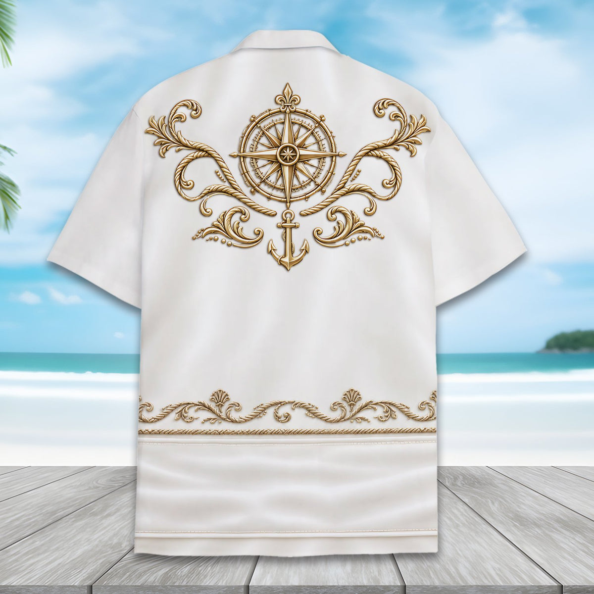 Full back view of the white skeleton hawaiian shirt for adults