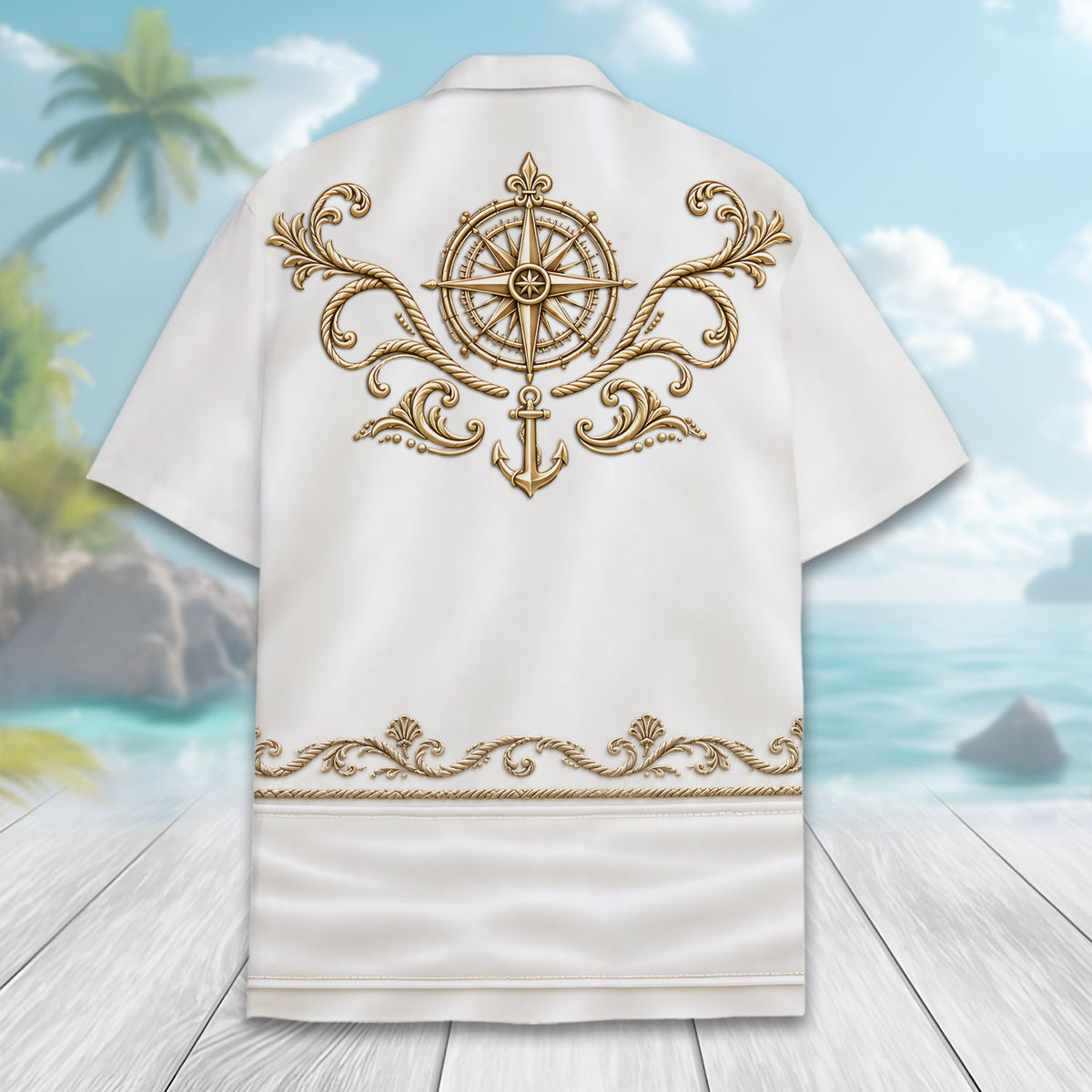 Back view showing the gold compass and anchor design on the white skeleton hawaiian shirt