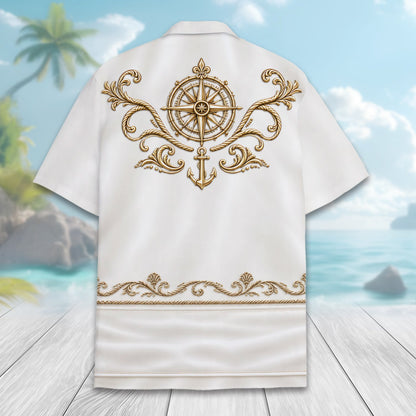 Back view showing the gold compass and anchor design on the white skeleton hawaiian shirt