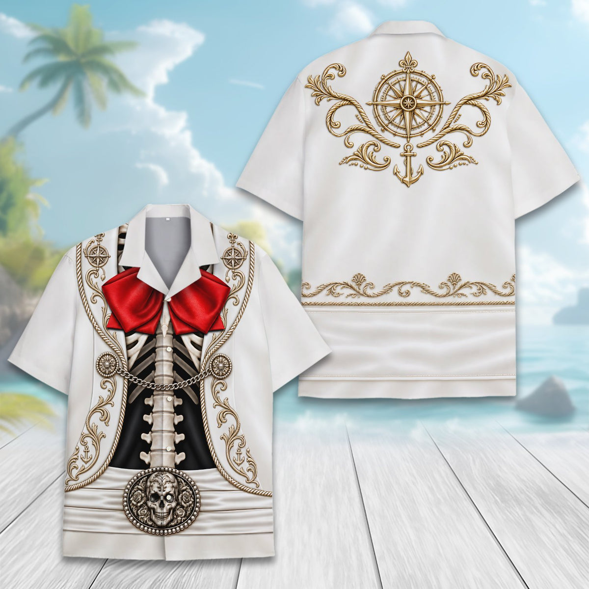 Close up of the white skeleton hawaiian shirt front details