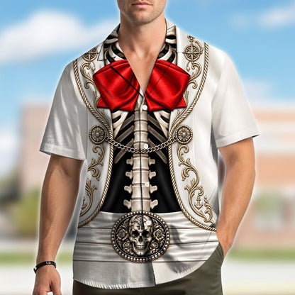 Lifestyle view of a person wearing the white skeleton hawaiian shirt outdoors