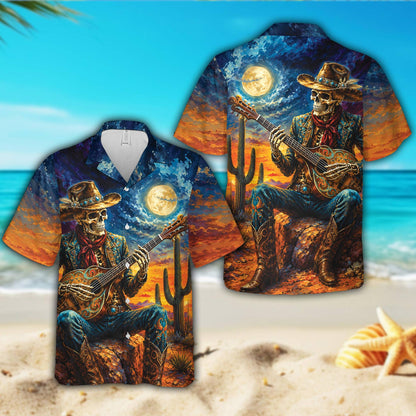 Front view of the blue skeleton hawaiian shirt with cowboy and guitar design