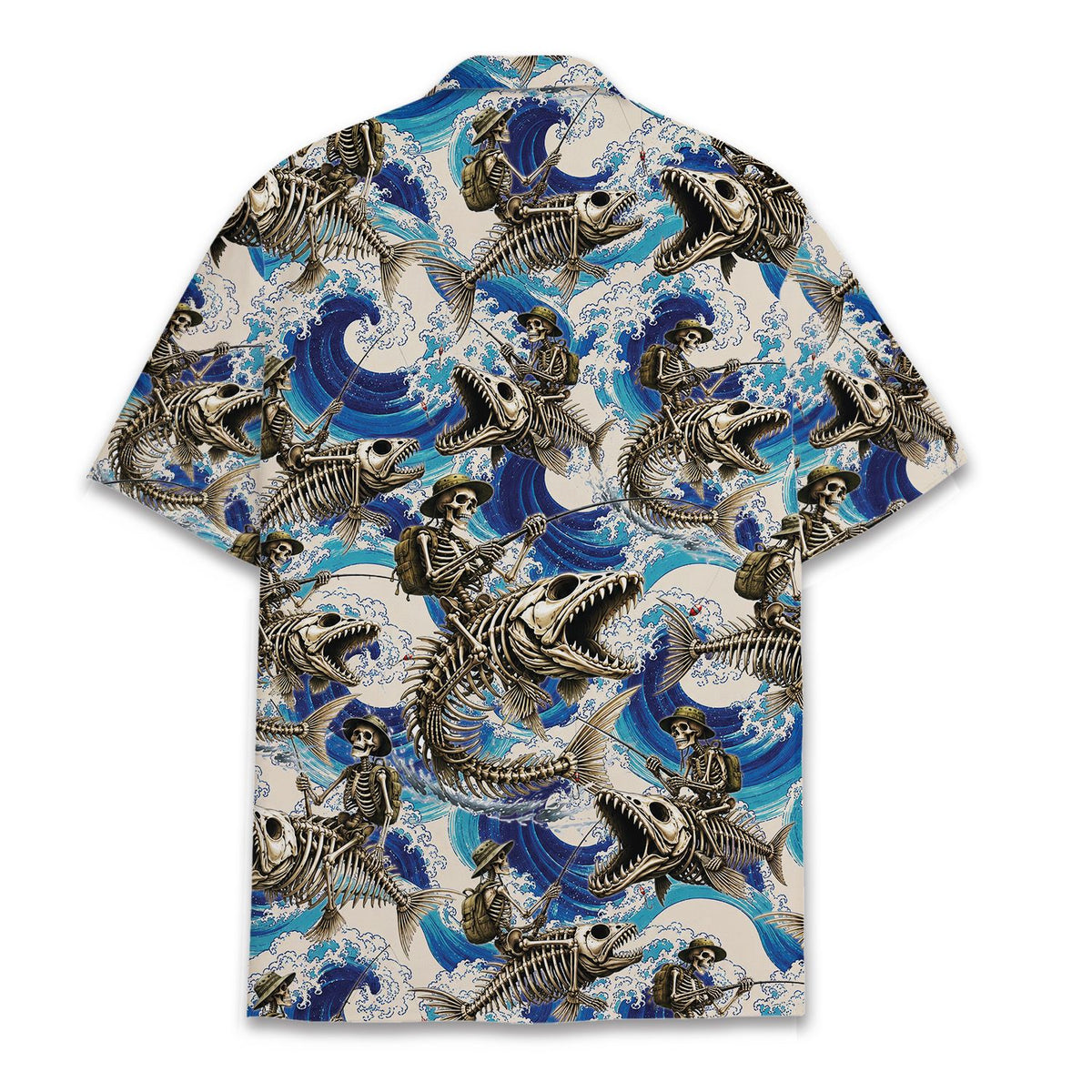 Back view of the skeleton fishing hawaiian shirt